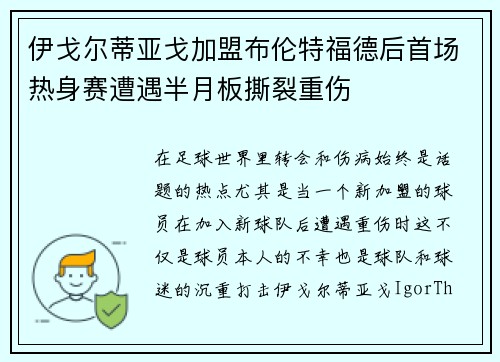 伊戈尔蒂亚戈加盟布伦特福德后首场热身赛遭遇半月板撕裂重伤 伊戈尔蒂亚戈加盟布伦特福德后首场热身赛遭遇半月板撕裂重伤